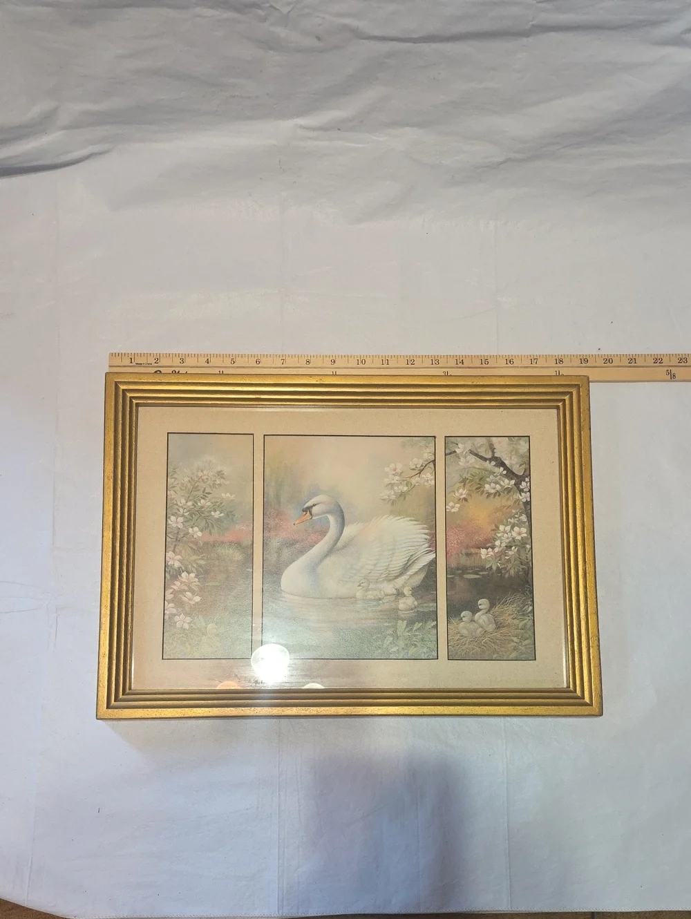 Vintage Triptych Framed Swan Print with Gold Resin Frame Cottagecore 19x14